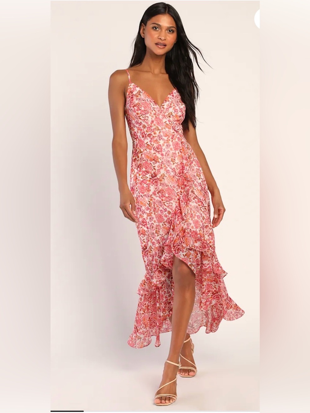 Lulus Always Enchanting Pink Floral Metallic Ruffled High-Low Dress NWT XL
